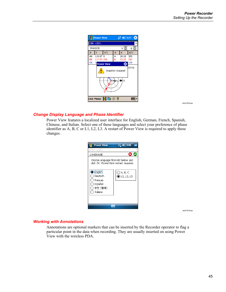 Change display language and phase identifier, Working with annotations | Fluke 1750 User Manual | Page 53 / 60