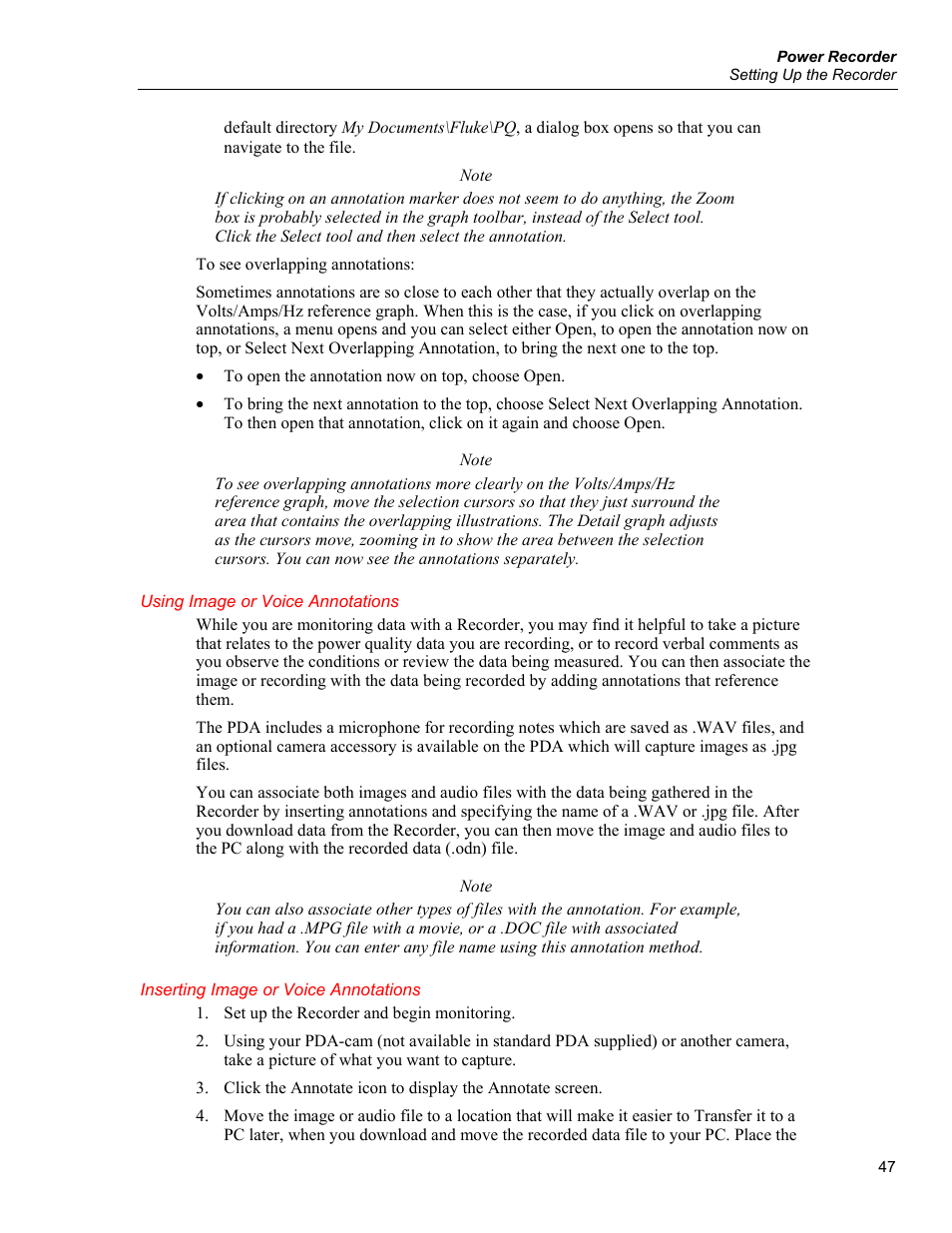 Using image or voice annotations, Inserting image or voice annotations | Fluke 1750 User Manual | Page 55 / 60