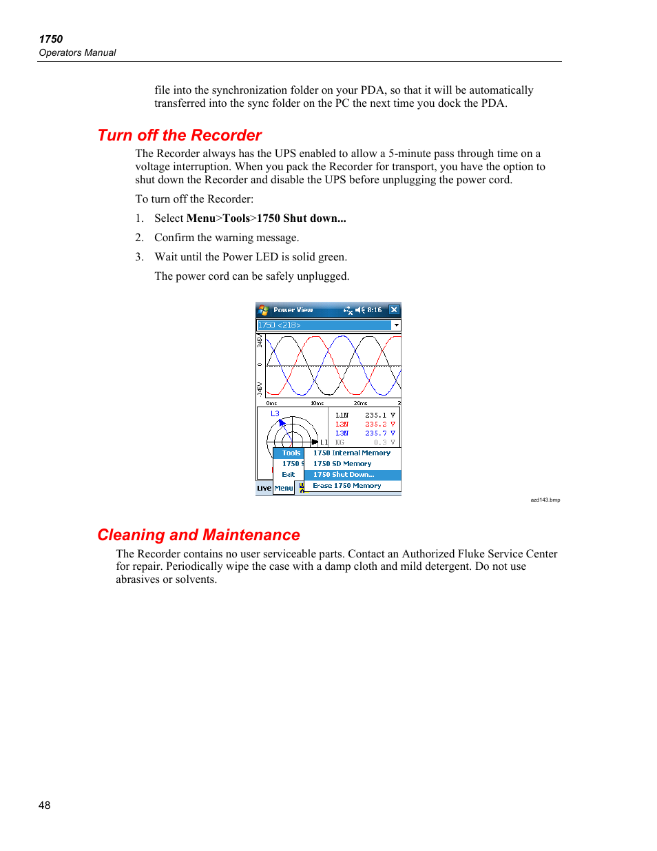 Turn off the recorder, Cleaning and maintenance | Fluke 1750 User Manual | Page 56 / 60