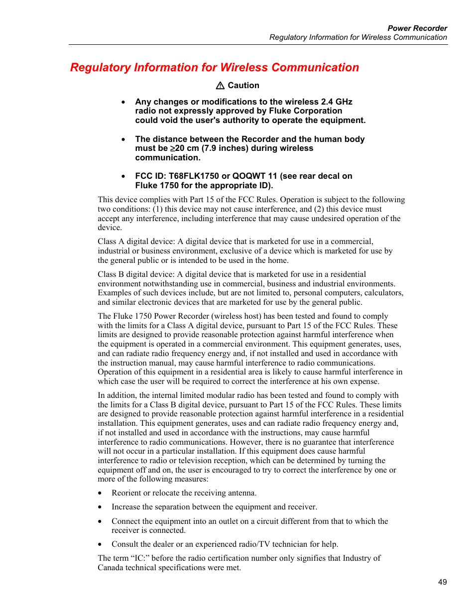 Regulatory information for wireless communication | Fluke 1750 User Manual | Page 57 / 60
