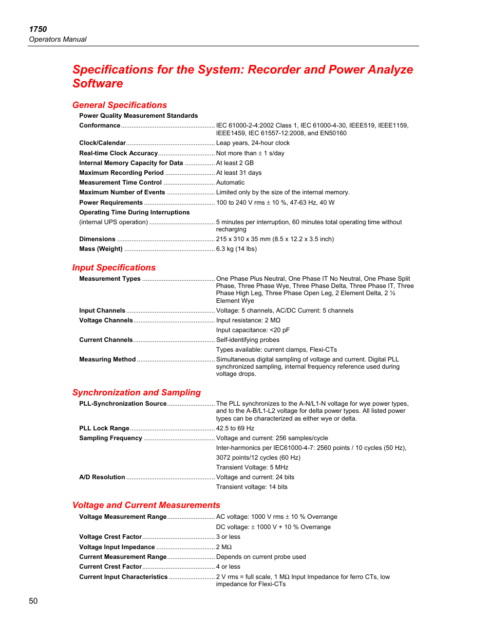 General specifications, Input specifications, Synchronization and sampling | Voltage and current measurements | Fluke 1750 User Manual | Page 58 / 60