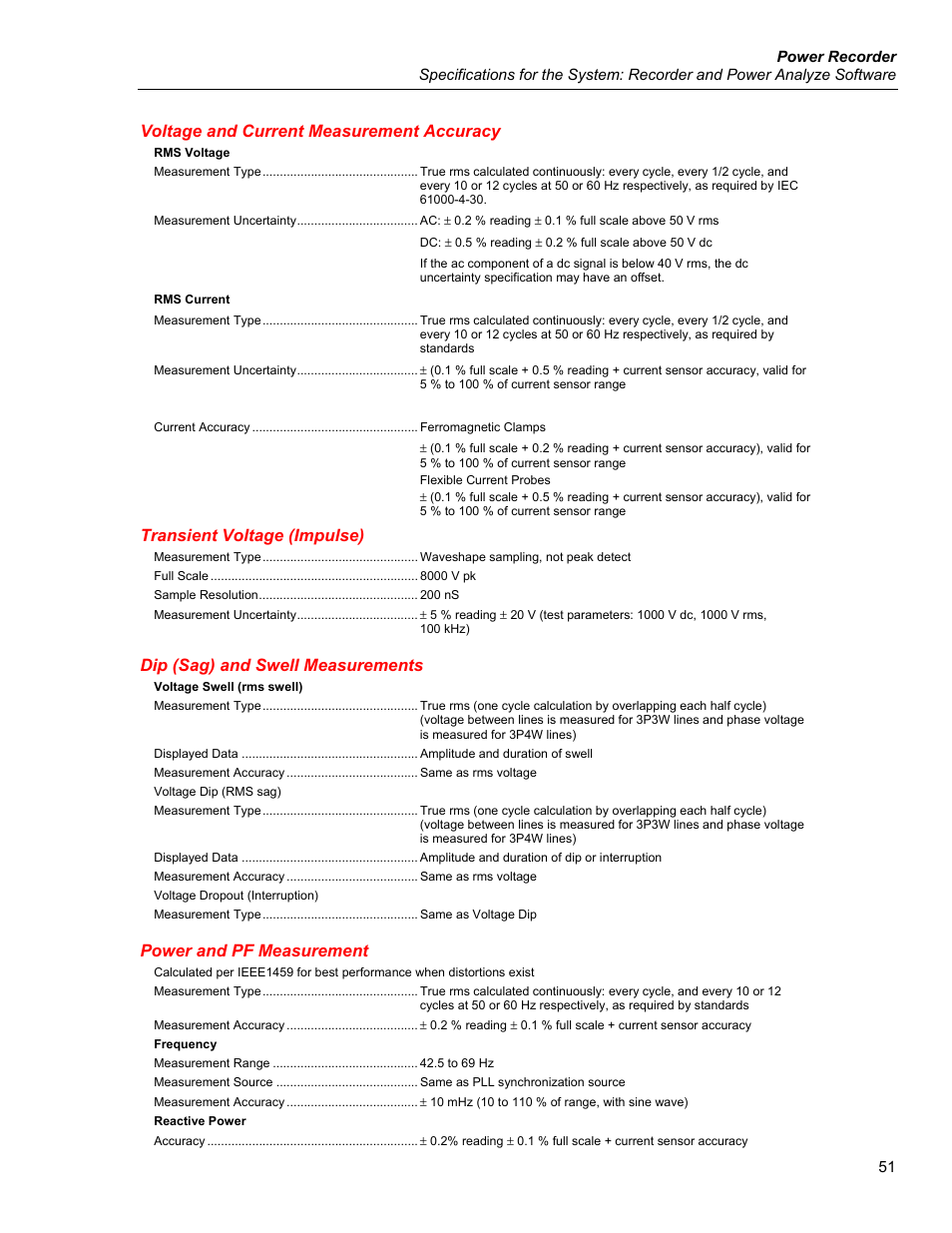 Voltage and current measurement accuracy, Transient voltage (impulse), Dip (sag) and swell measurements | Power and pf measurement | Fluke 1750 User Manual | Page 59 / 60