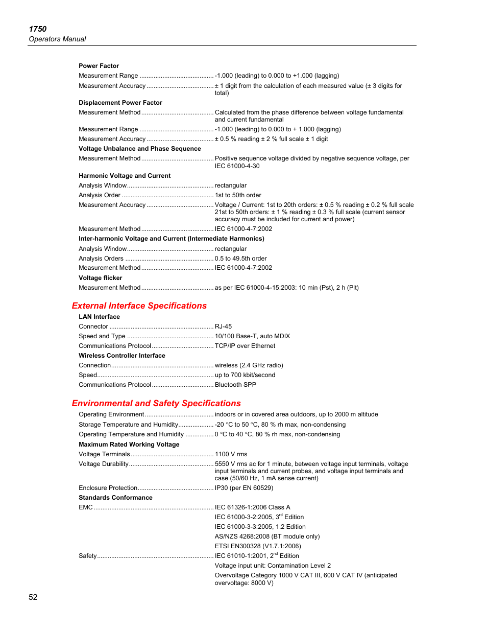 External interface specifications, Environmental and safety specifications | Fluke 1750 User Manual | Page 60 / 60