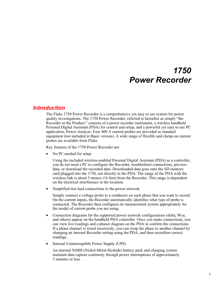 Introduction, 1750 power recorder | Fluke 1750 User Manual | Page 9 / 60
