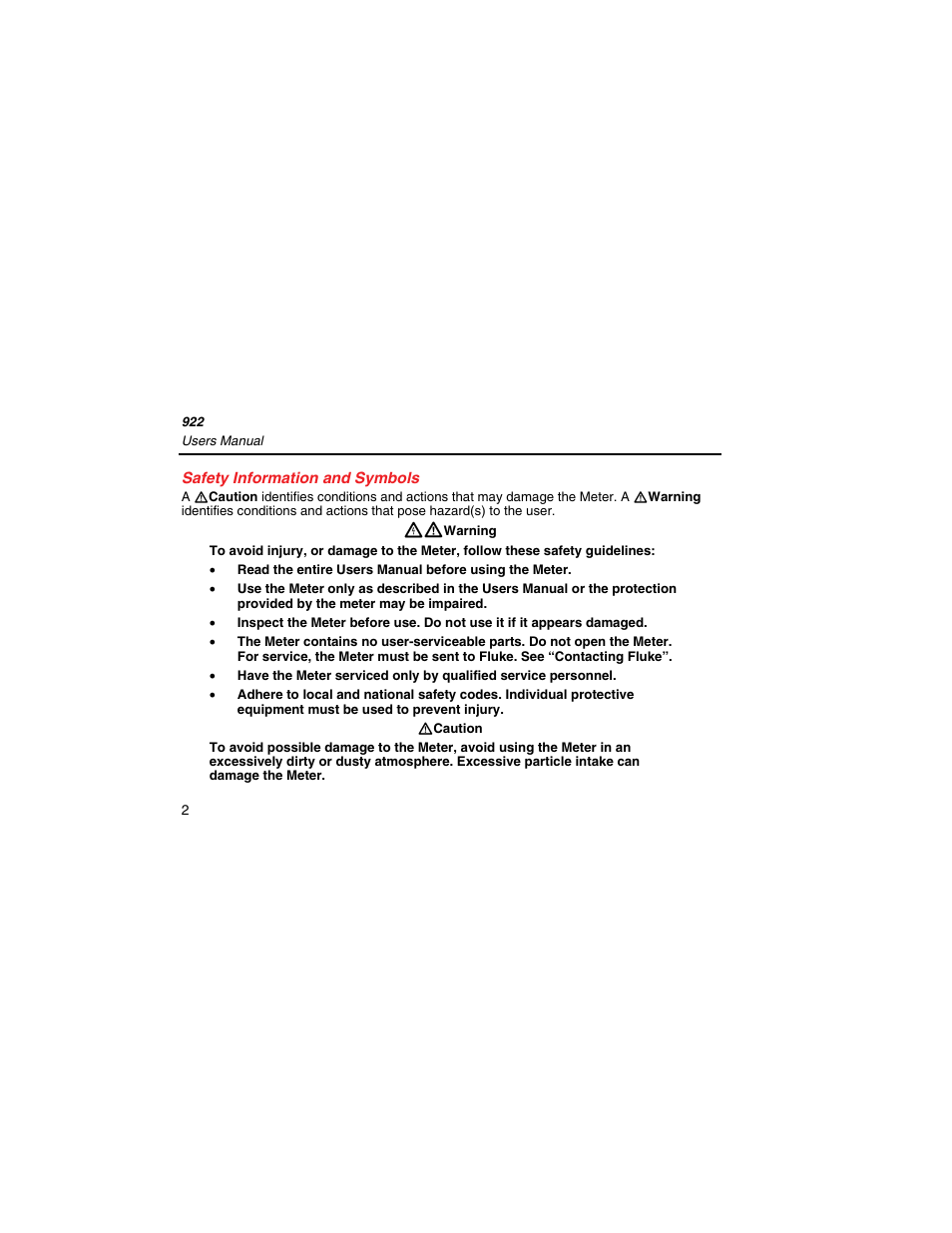 Safety information and symbols | Fluke 922 User Manual | Page 10 / 34