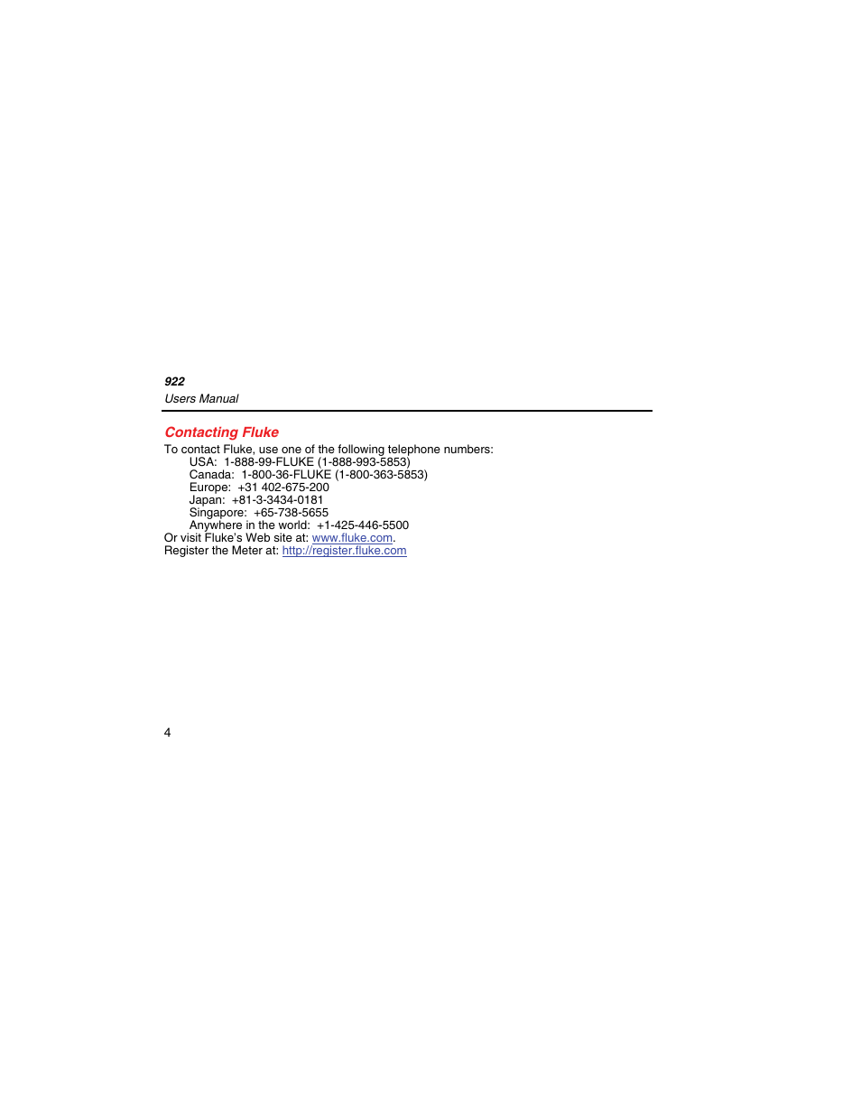 Contacting fluke | Fluke 922 User Manual | Page 12 / 34