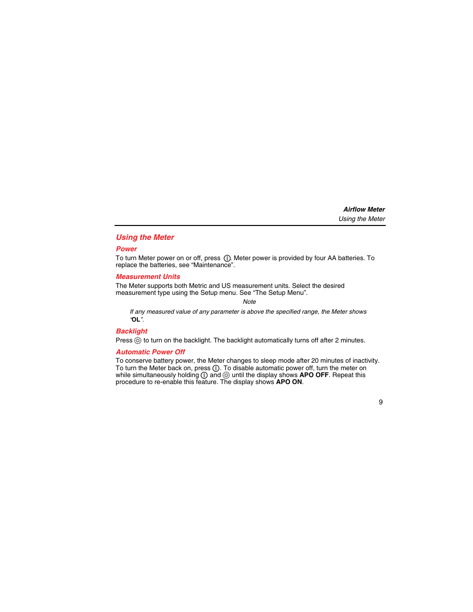 Using the meter, Power, Measurement units | Backlight, Automatic power off | Fluke 922 User Manual | Page 17 / 34