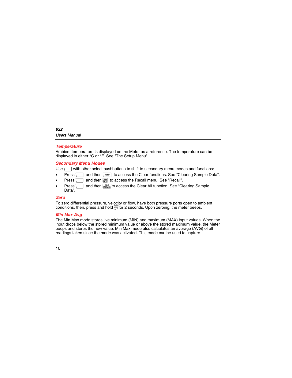 Temperature, Secondary menu modes, Zero | Min max avg | Fluke 922 User Manual | Page 18 / 34