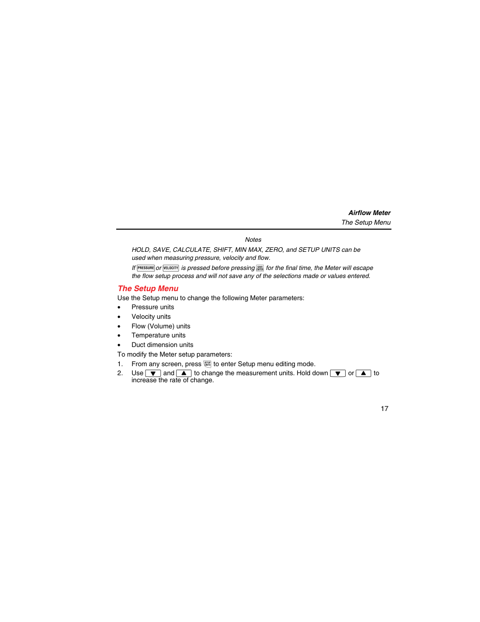 The setup menu | Fluke 922 User Manual | Page 25 / 34