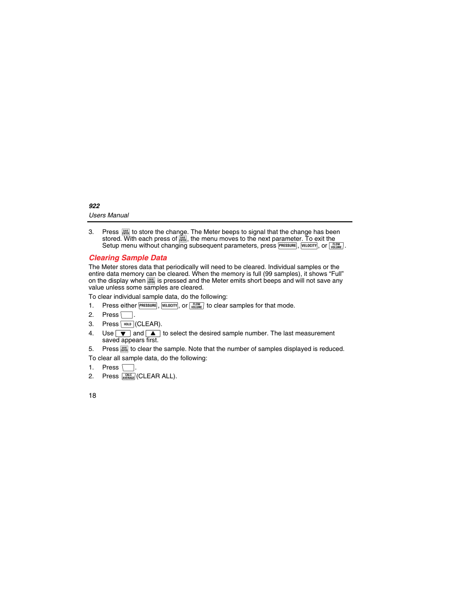 Clearing sample data | Fluke 922 User Manual | Page 26 / 34