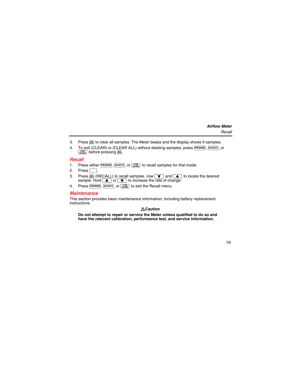 Recall, Maintenance | Fluke 922 User Manual | Page 27 / 34
