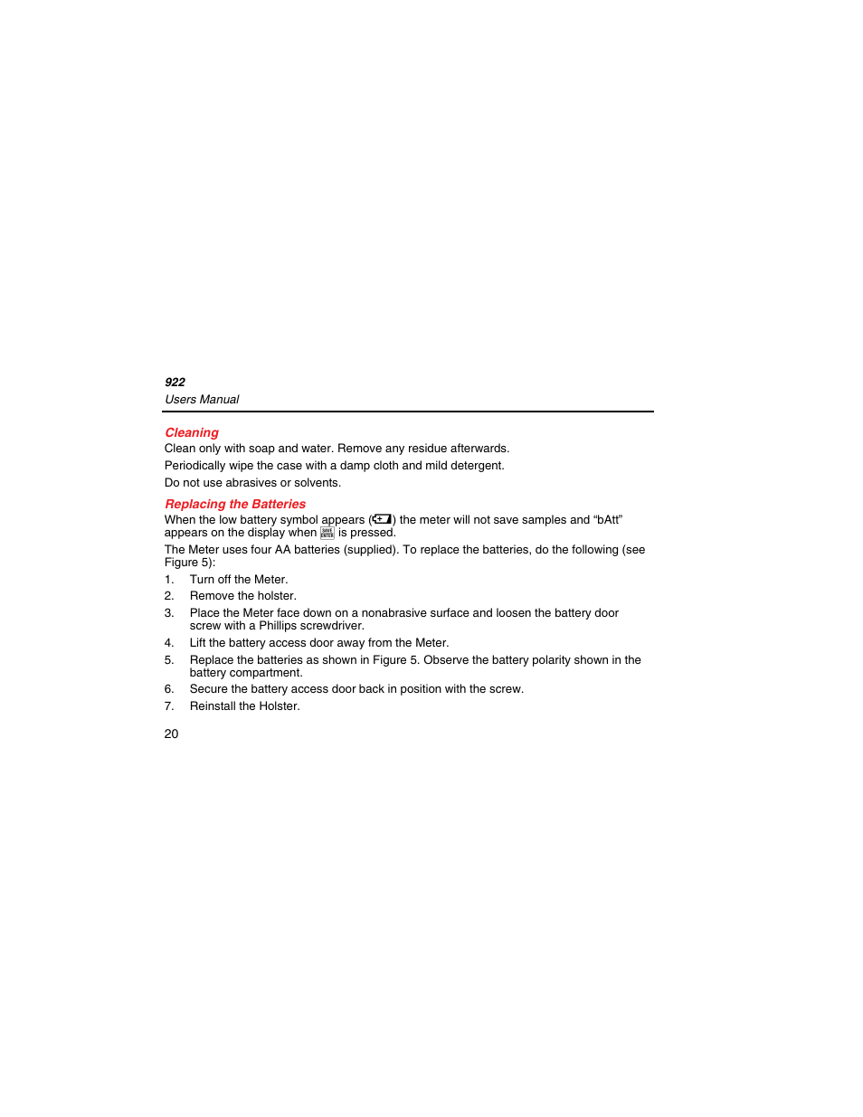 Cleaning, Replacing the batteries | Fluke 922 User Manual | Page 28 / 34