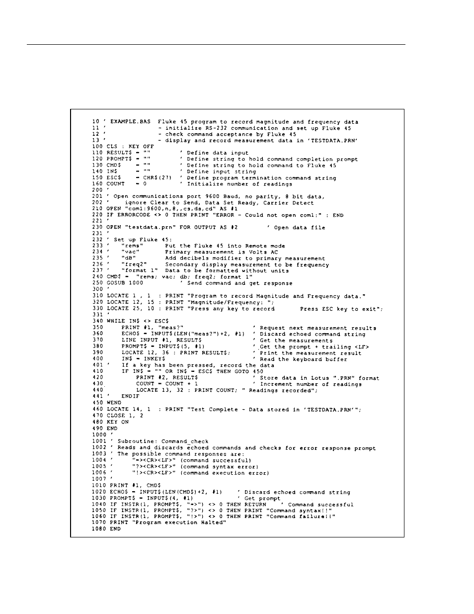 Sample program using the rs-232 computer interface | Fluke 45 User Manual | Page 89 / 122