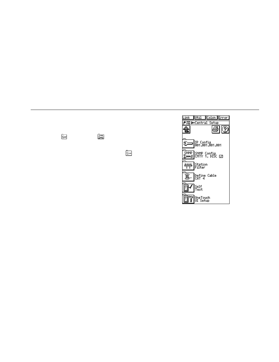 Central setup, Ip config | Fluke Series II User Manual | Page 32 / 127