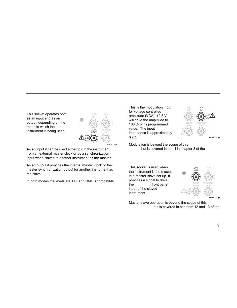 Clock in/out, Vca in, Sync out | Fluke DDS Function Generator 271 User Manual | Page 19 / 34