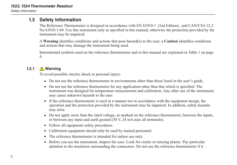 3 safety information, 1 ￼ warning, Warning | Safety information 1.3 | Fluke 1523 User Manual | Page 10 / 36