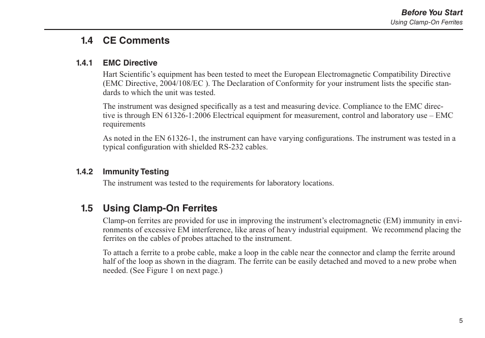 4 ce comments, 1 emc directive, 2 immunity testing | 5 using clamp-on ferrites, 1 emc directive 1.4.2 immunity testing | Fluke 1523 User Manual | Page 13 / 36