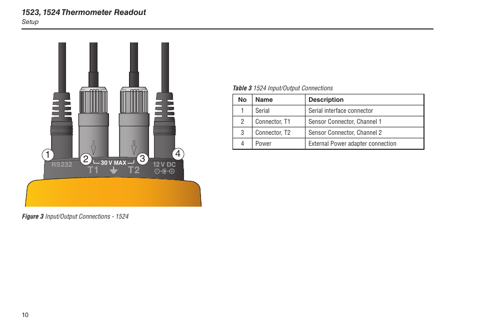 Figure 3 input/output connections - 1524, Table 3 1524 input/output connections, T1 t2 | Fluke 1523 User Manual | Page 18 / 36