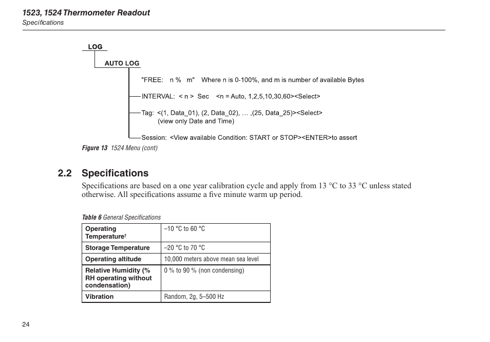 2 specifications, Figure 13 1524 menu (cont), Table 6 general specifications | Specifications 2.2 | Fluke 1523 User Manual | Page 32 / 36
