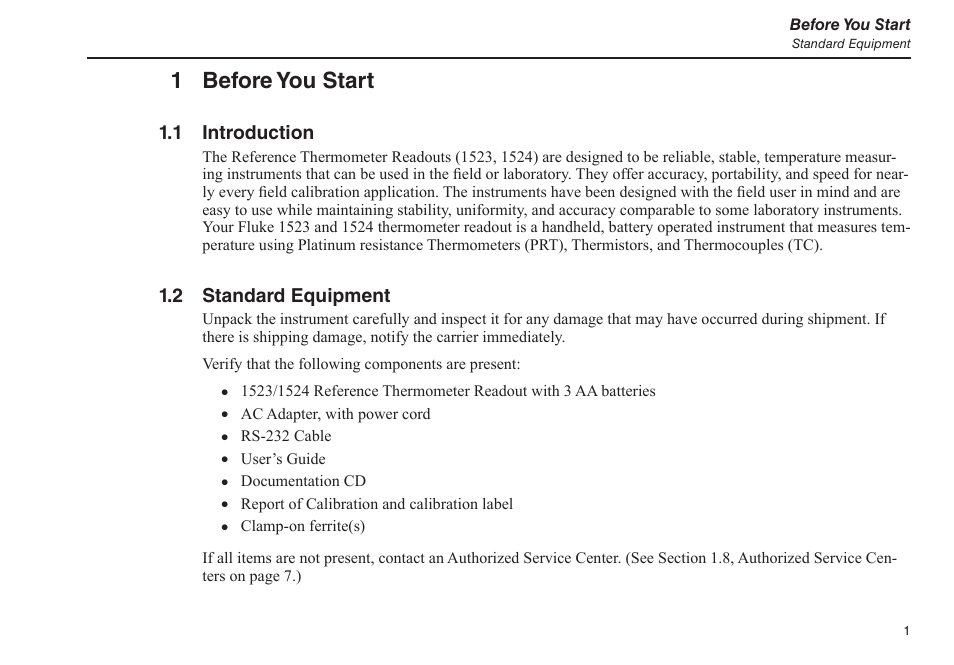 1 before you start, 1 introduction, 2 standard equipment | 1 introduction 1.2 standard equipment, Before you start 1, Introduction 1.1, Standard equipment 1.2 | Fluke 1523 User Manual | Page 9 / 36