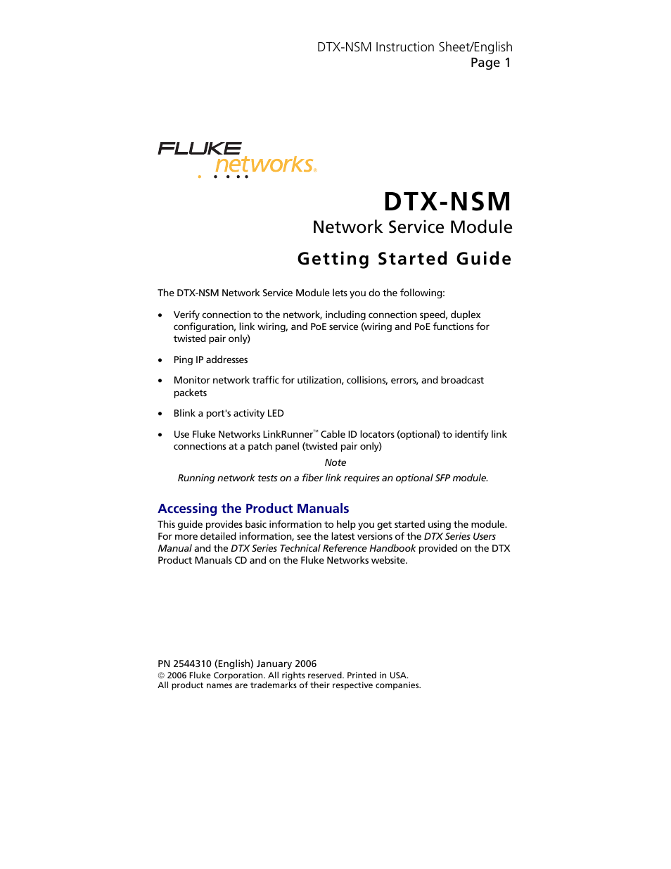 Fluke NETWORK SERVICE MODULE DTX-NSM User Manual | 6 pages