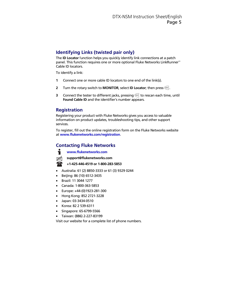 Dtx-nsm instruction sheet/english page 5, Identifying links (twisted pair only), Registration | Contacting fluke networks | Fluke NETWORK SERVICE MODULE DTX-NSM User Manual | Page 5 / 6