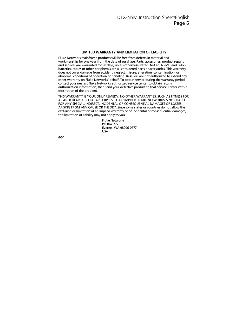 Dtx-nsm instruction sheet/english page 6 | Fluke NETWORK SERVICE MODULE DTX-NSM User Manual | Page 6 / 6