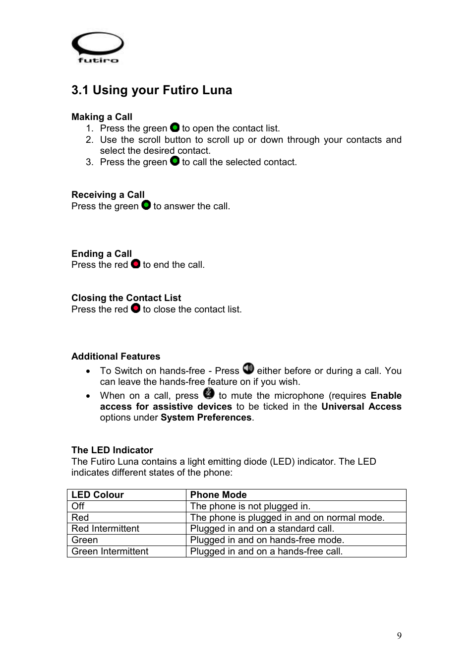 1 using your futiro luna | Futiro USB Phone User Manual | Page 10 / 17