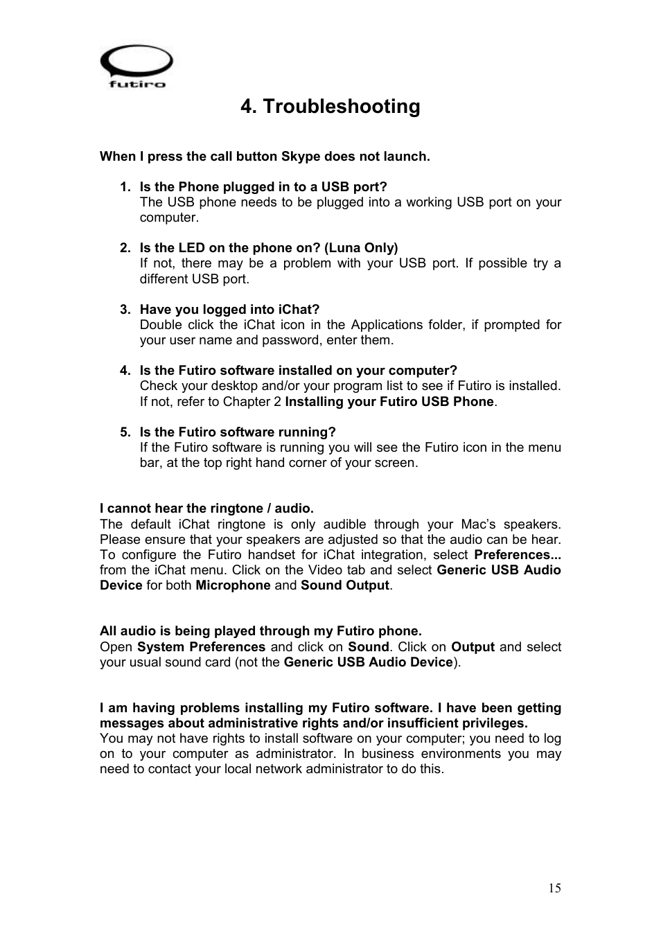 Troubleshooting | Futiro USB Phone User Manual | Page 16 / 17