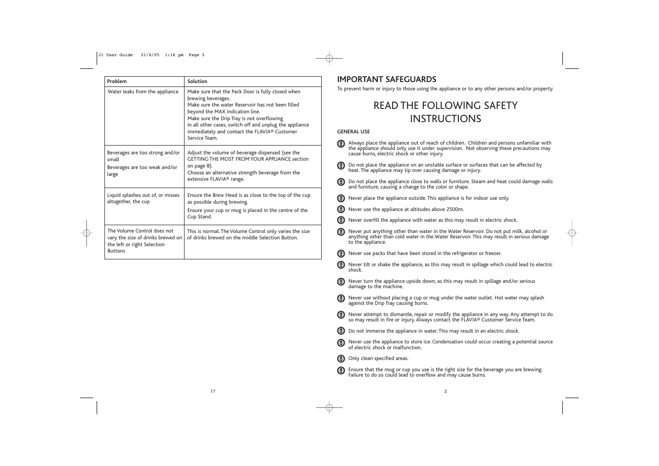 Read the following safety instructions, Important safeguards | FLAVIA Beverage Systems Flavia Coffeemaker User Manual | Page 3 / 10