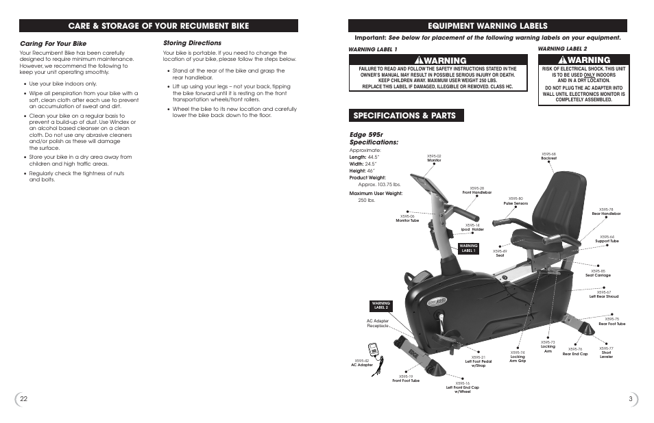 Warning, Specifications & parts, Equipment warning labels | Care & storage of your recumbent bike, Edge 595r specifications, Storing directions, Caring for your bike | Fitness Quest 595r User Manual | Page 4 / 13