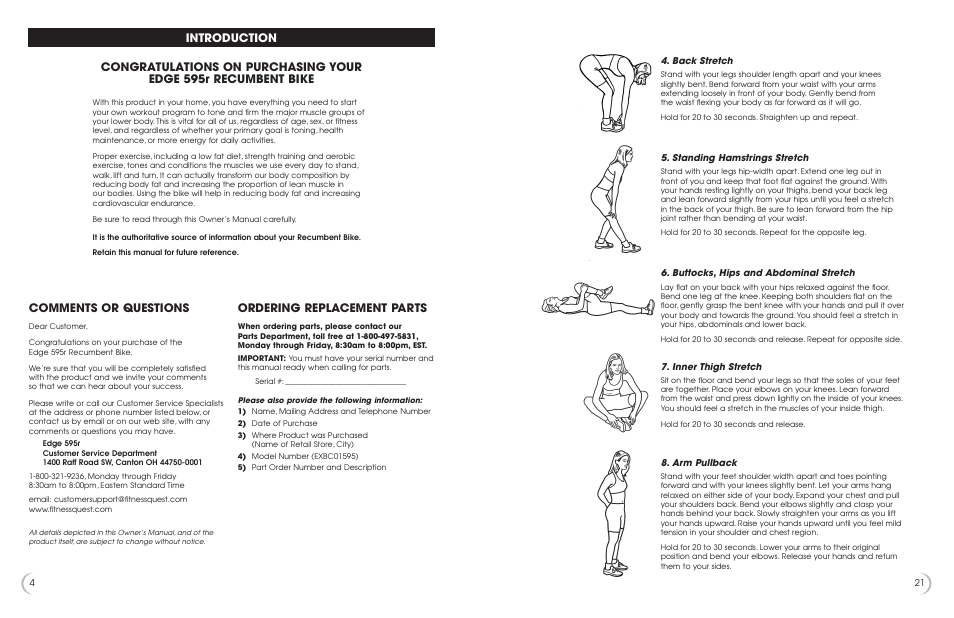 Comments or questions, Ordering replacement parts | Fitness Quest 595r User Manual | Page 5 / 13