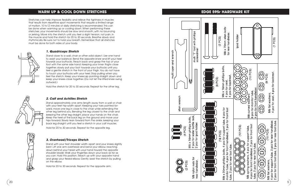 Warm up & cool down stretches, Edge 595r hardware kit | Fitness Quest 595r User Manual | Page 6 / 13