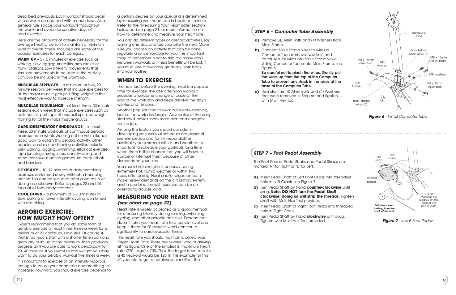 Aerobic exercise: how much? how often, When to exercise, Measuring your heart rate | Step 6 – computer tube assembly, Step 7 – foot pedal assembly, See chart on page 22) | Fitness Quest 5K 6100 User Manual | Page 10 / 15