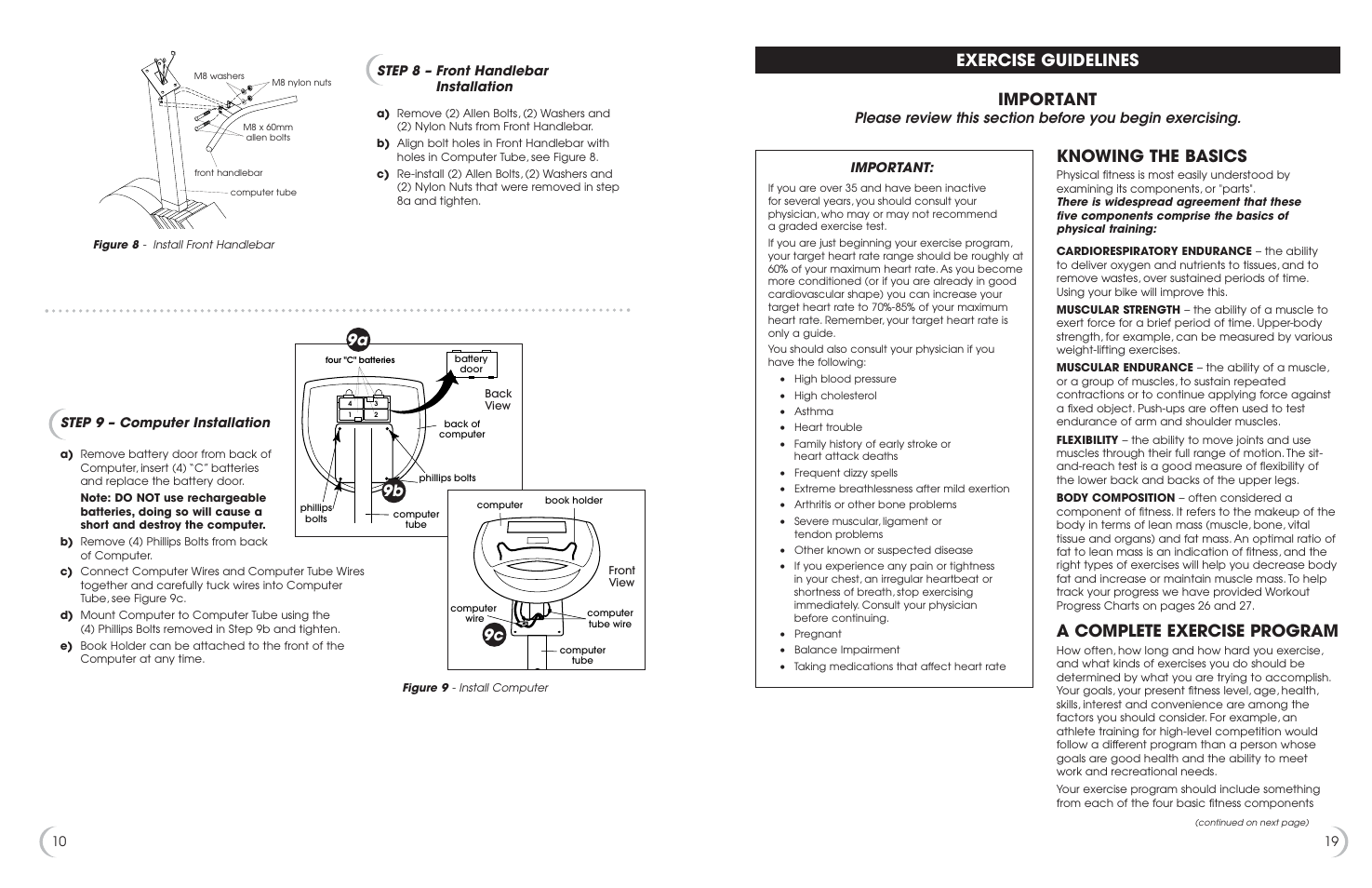 Important, Exercise guidelines, Knowing the basics | A complete exercise program, 9b 9a, Step 8 – front handlebar installation | Fitness Quest 5K 6100 User Manual | Page 11 / 15