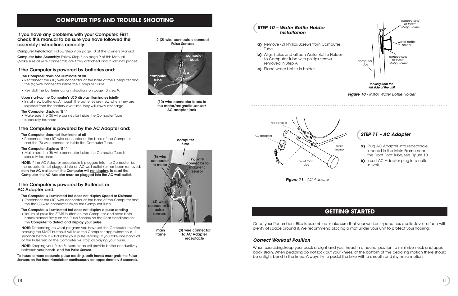 Getting started, Computer tips and trouble shooting, Correct workout position | Step 11 – ac adapter, Step 10 – water bottle holder installation, If the computer is powered by batteries and, If the computer is powered by the ac adapter and | Fitness Quest 5K 6100 User Manual | Page 12 / 15