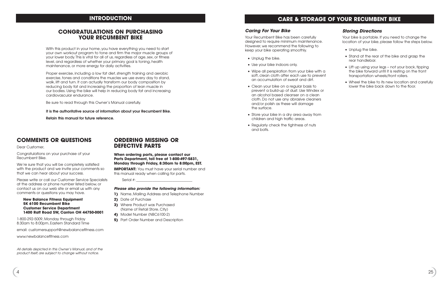 Comments or questions, Ordering missing or defective parts, Care & storage of your recumbent bike | Fitness Quest 5K 6100 User Manual | Page 5 / 15