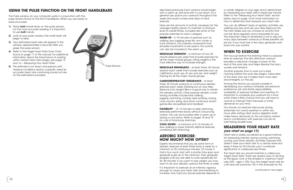 Aerobic exercise: how much? how often, When to exercise, Measuring your heart rate | Using the pulse function on the front handlebars | New Balance 6.0u User Manual | Page 11 / 13