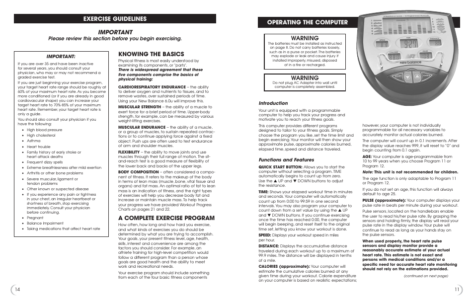 Important, Exercise guidelines operating the computer, Knowing the basics | A complete exercise program, Warning | New Balance 6.0u User Manual | Page 12 / 13