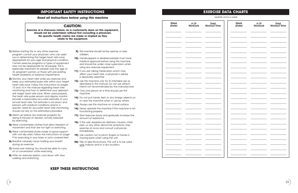 Exercise data charts important safety instructions, Caution, Keep these instructions | New Balance 6.0u User Manual | Page 3 / 13