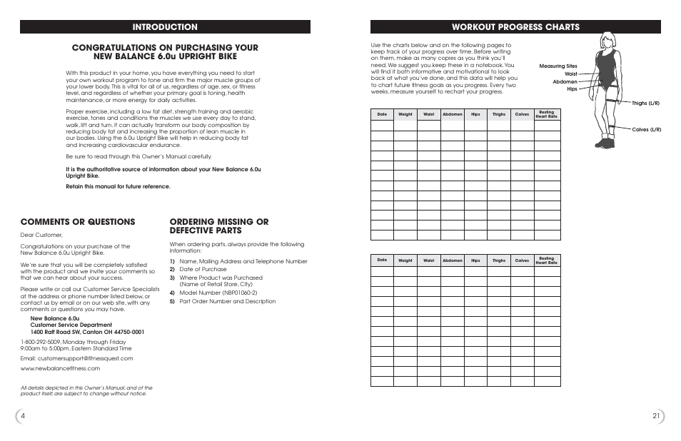 Comments or questions, Ordering missing or defective parts, Workout progress charts | New Balance 6.0u User Manual | Page 5 / 13