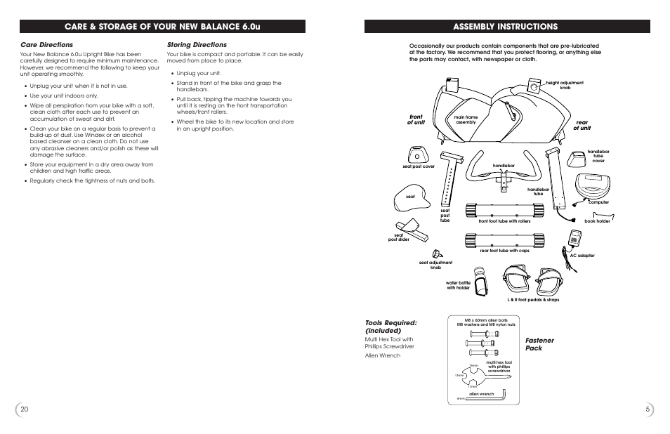 Assembly instructions, Care & storage of your new balance 6.0u, Fastener pack tools required: (included) | 20 storing directions, Care directions | New Balance 6.0u User Manual | Page 6 / 13