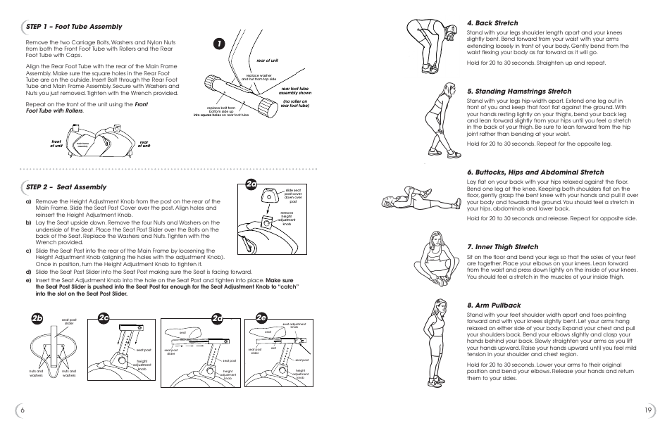 2a 2e 2d, 19 6 step 1 – foot tube assembly, Step 2 – seat assembly | Back stretch, Standing hamstrings stretch, Buttocks, hips and abdominal stretch, Inner thigh stretch, Arm pullback | New Balance 6.0u User Manual | Page 7 / 13