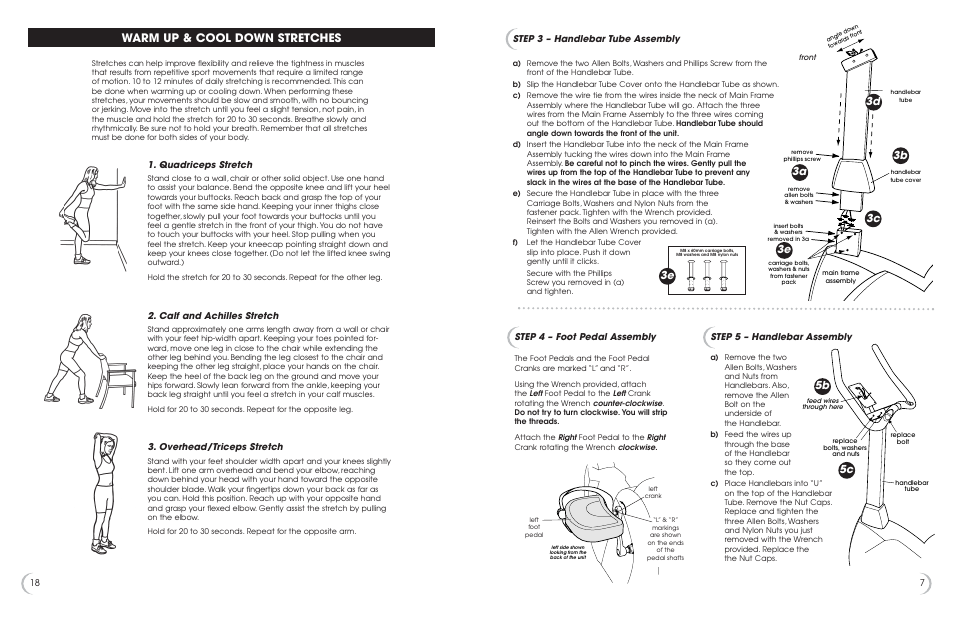 Warm up & cool down stretches, 3a 3e 3b 3c, 5b 5c | Step 3 – handlebar tube assembly, 18 step 4 – foot pedal assembly, Step 5 – handlebar assembly, Quadriceps stretch, Calf and achilles stretch, Overhead/triceps stretch | New Balance 6.0u User Manual | Page 8 / 13