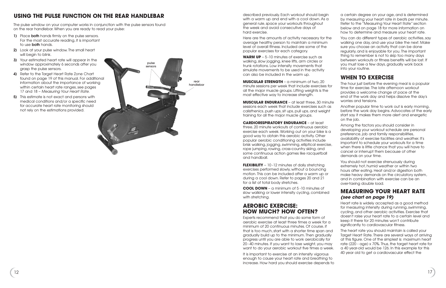 Using the pulse function on the rear handlebar, Aerobic exercise: how much? how often, When to exercise | Measuring your heart rate | Fitness Quest 6.5r User Manual | Page 13 / 15