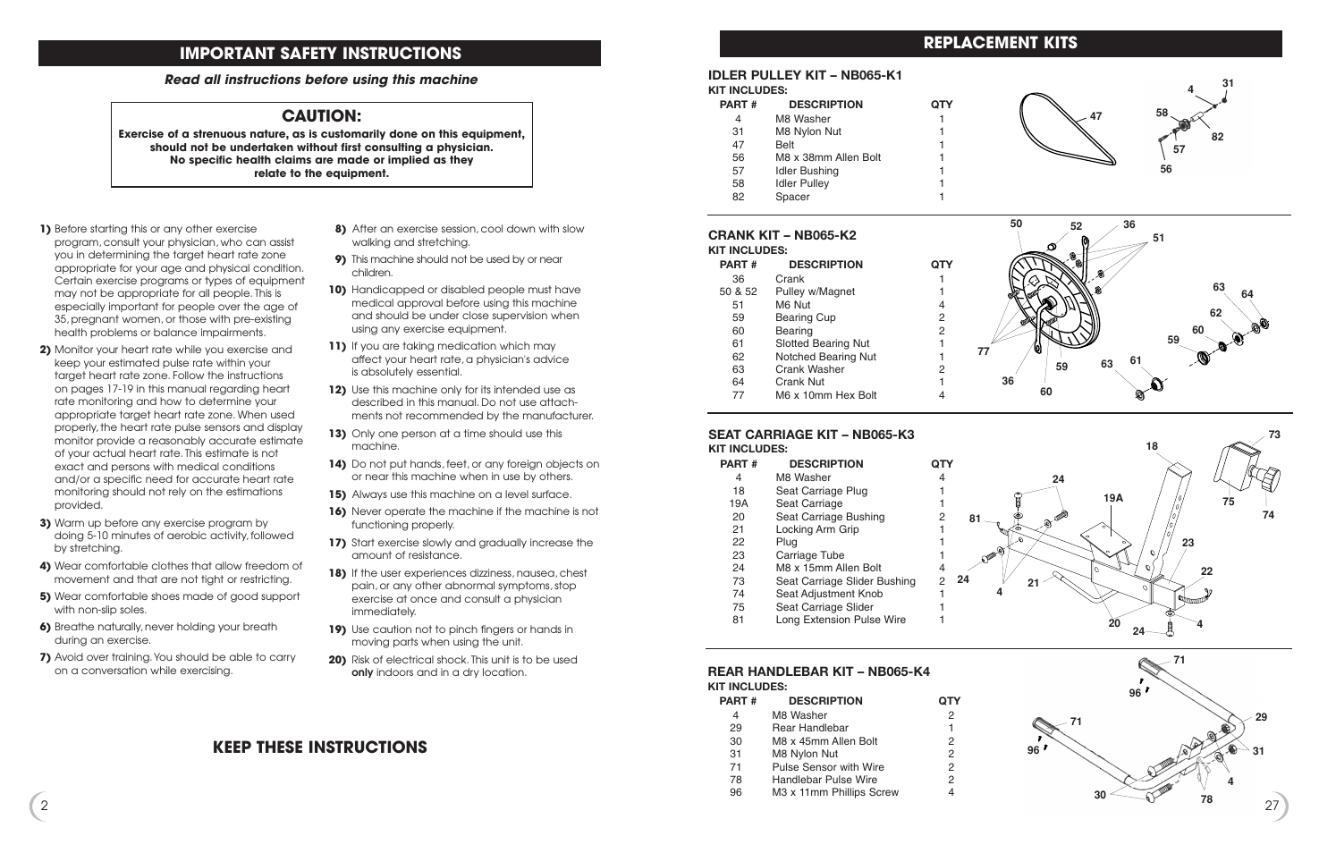 Important safety instructions, Caution, Keep these instructions | Replacement kits | Fitness Quest 6.5r User Manual | Page 3 / 15