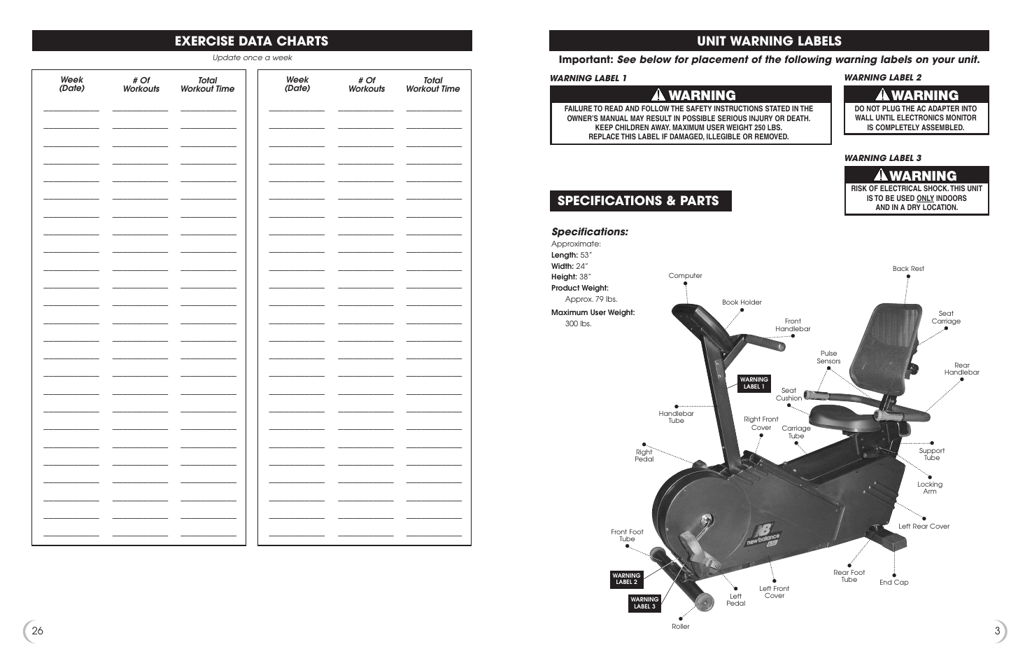 Warning, Specifications & parts, Unit warning labels | Exercise data charts | Fitness Quest 6.5r User Manual | Page 4 / 15