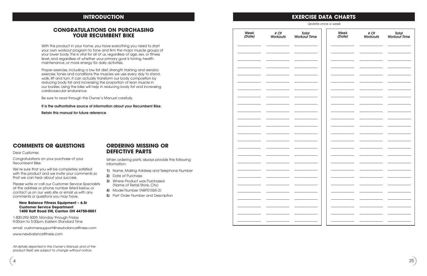 Comments or questions, Ordering missing or defective parts, Exercise data charts | Fitness Quest 6.5r User Manual | Page 5 / 15
