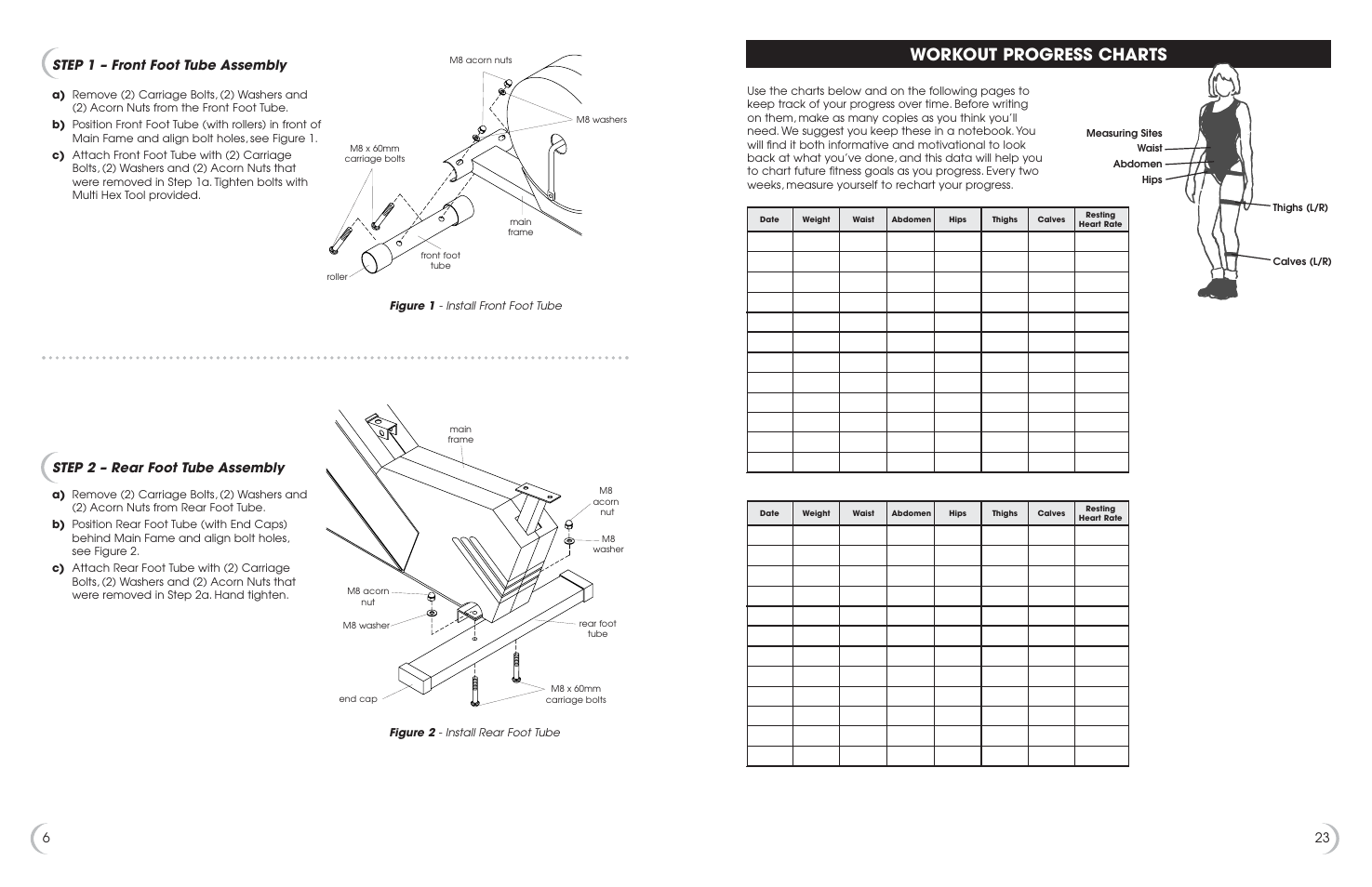Workout progress charts, 623 step 1 – front foot tube assembly, Step 2 – rear foot tube assembly | Fitness Quest 6.5r User Manual | Page 7 / 15