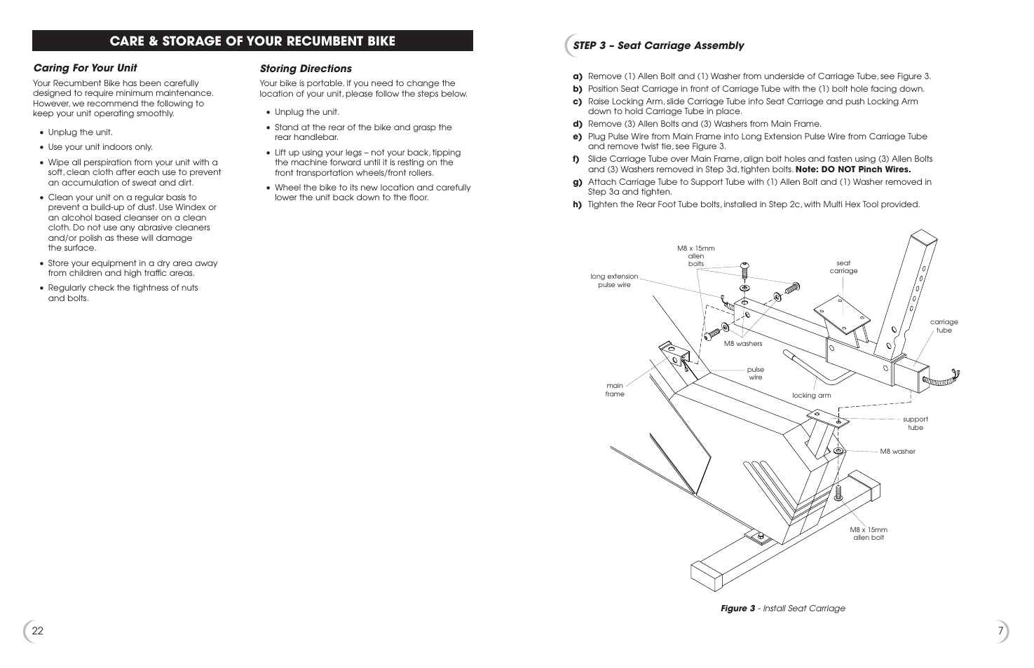 Care & storage of your recumbent bike, Step 3 – seat carriage assembly, Storing directions | Caring for your unit | Fitness Quest 6.5r User Manual | Page 8 / 15
